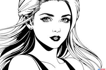 Pretty Model Woman in black and white drawing