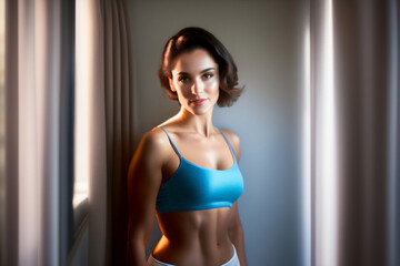 Fototapeta premium Woman in a skintight white T-shirt and shorts being lit by light from a large window. Generative AI_3.