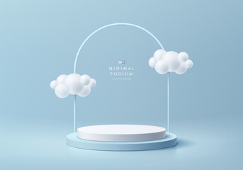 3D background realistic white blue cylinder podium with floating cloud and arch line scene. Wall minimal mockup cosmetic product display. Abstract geometric platforms. Stage showcase. Vector rendering