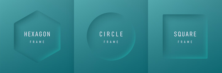 Set of realistic 3D geometric frames background in hexagon, circle, square on green blue color with light and shadow. Minimal neumorphism scene with copy space. Top view for mockup product display.