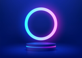 3D futuristic background realistic dark blue cylinder podium with glowing neon lines ring scene. Wall minimal mockup product display. Abstract geometric platforms. Stage showcase. 3D Vector rendering.