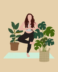 Illustration of a woman doing yoga between plants. Card of woman doing exercises