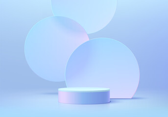 3D background realistic white and blue cylinder pedestal podium with floating circles glass scene. Wall minimal mockup product display. Abstract geometric platforms. Stage showcase. Vector rendering.