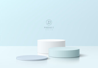 3D background with set of realistic white and blue level cylinder pedestal podium. Wall minimal mockup cosmetic product display. Abstract geometric platforms. Round stage showcase. Vector 3D rendering