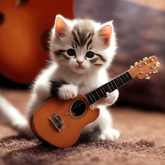 Photo cat holding guitar with rock star attitude created with generative AI Technology