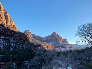 The Watchman in Zion National Park is a prominent sandstone mountain peak captured in winter, with its red and white cliffs contrasting against a brilliant blue sky, a light dusting of snow on its upp