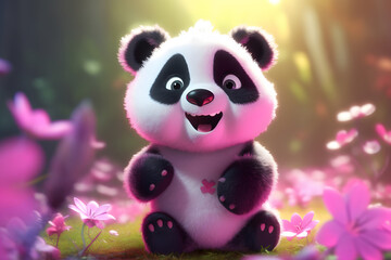 Cute 3d Panda with fantasy background, 3d Cartoon Panda, Colorful Panda generative AI