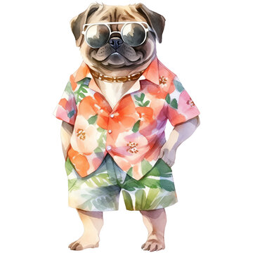 Pug dog on summer vacation dressed in hawaiian shirt, sunglasses and swimming trunks - Watercolor illustration isolated - Generative AI