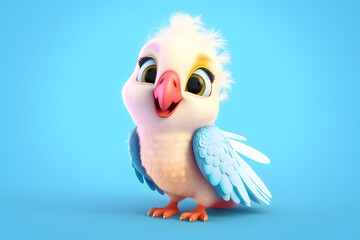 Cute White 3d Parrot, 3d Cartoon Parrot with blue feather, Colorful cute Parrot generative AI