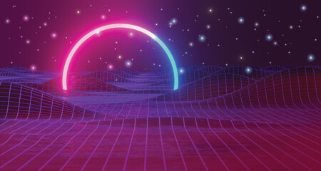 Valley structure Sci-Fi Neon light glow network grid connection, futuristic blue purple neon circle frame,wireframe wave landscape mountain,portal lights glowing ring,dark space,3d render illustration © ART STOCK CREATIVE