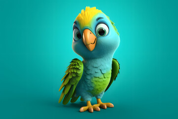 Cute green 3d Parrot, 3d Cartoon Parrot, Colorful cute Parrot generative AI