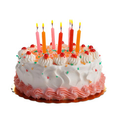 birthday cake with candles isolated on transparent background cutout