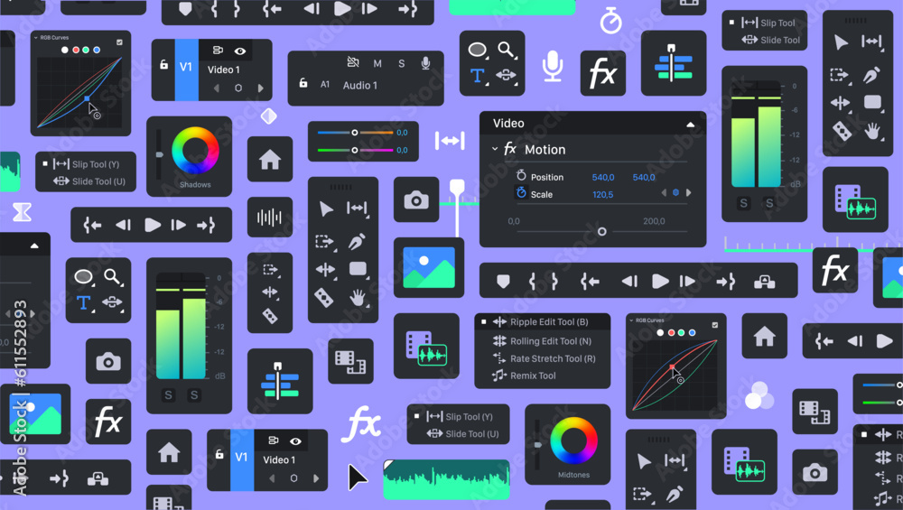 Poster background of video editor processing tools. tool blocks. graphic movie editing. motion designer ui 