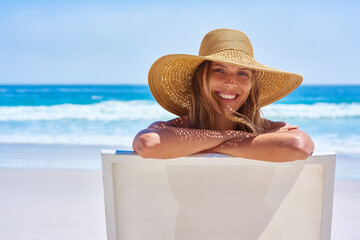 Portrait, beach and woman on a holiday, summer and travel with happiness, relax and getaway with...