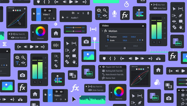 Background of Video Editor processing Tools. Tool Blocks. Graphic Movie Editing. Motion Designer UI bg. Set of icon Panels for Film makers. Set of Videomakers items. FX Buttons and icons. Toolbar