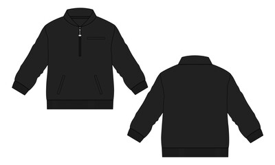 Long sleeve jacket with pocket and zipper technical fashion flat sketch vector illustration black color  template front and back views. Fleece jersey sweatshirt jacket for men's and boys.
