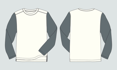 Two tone color long sleeve t shirt technical drawing fashion flat sketch vector illustration black color template front and back views isolated on white background