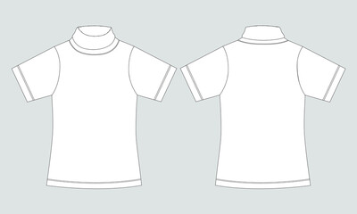 Short sleeve t shirt with stand up collar technical drawing fashion flat sketch vector illustration template front and back views