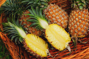 Basket full of fresh ripe pineapples