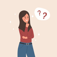 Young islamic woman in doubt. Smart girl having questions. Problem solving. Vector illustration in flat cartoon style.