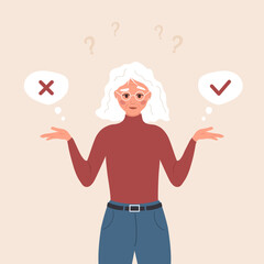 Elderly woman choose yes or no. Aged lady making decision in doubt. Problem solving. Concept of choice or selection. Vector illustration in flat cartoon style.