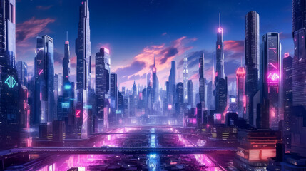 Beautiful neon night in a cyberpunk city. Illustration of the futuristic city skyscraper. generative AI.