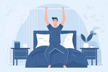 Foto op Canvas  Generative AI.Mornings stretching in bed. Awakened happy man stretches on sunlight, early fresh morning lazy relax boy sitting with blanket bedroom, wake up clock concept vector illustration © Anastasiia