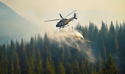 Fototapeta na wymiar The helicopter hovers over the forest fire Creating using generative AI tools
