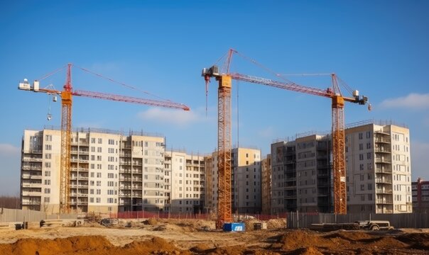 Construction site of tall buildings with cement mixers and bulldozers. Creating using generative AI tools