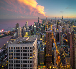 Obraz premium Chicago building city view from observation deck high level with sunset sky