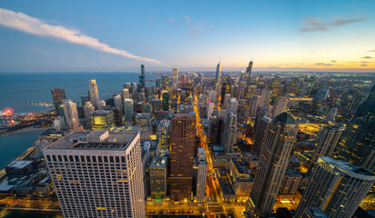 Chicago building city view from observation deck high level with sunset sky