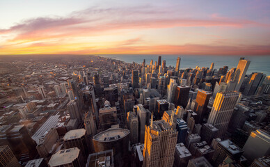 Chicago building city view from observation deck high level with sunset sky