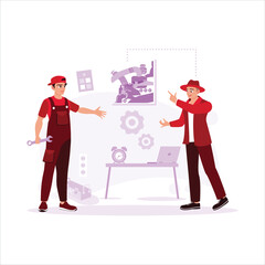 Automotive mechanic with a tool in hand, explaining car problems to the owner in an office, complete with desk and computer. Trend modern vector flat illustration.