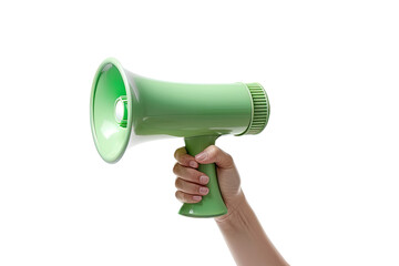 The hand holds a green megaphone on a white background. Announcement concept. Shout It Out