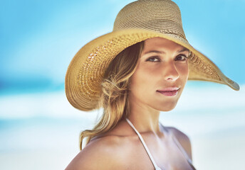 Holiday, summer and portrait of woman at beach for vacation, tropical and relax mockup. Wellness,...
