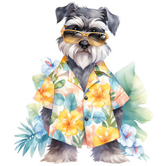 Miniature Schnauzer on summer vacation dressed in hawaiian shirt and sunglasses in front of floral backdrop - Watercolor illustration isolated - Generative AI - obrazy, fototapety, plakaty