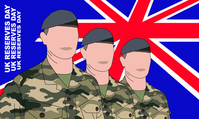 British Reserves marching against the British flag in the background. Reservists bolstering the UK’s defense capability. commemorate RESERVES DAY