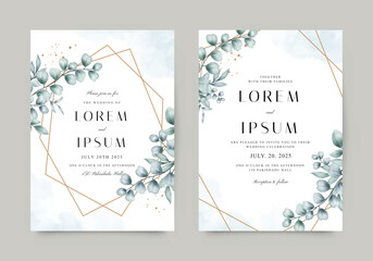 Elegant wedding invitation card with golden geometric decoration and green leaves