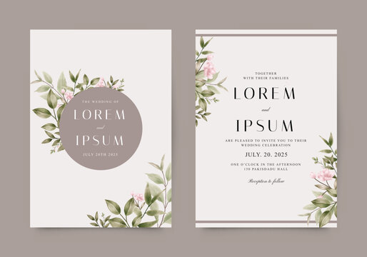 Elegant wedding invitation with soft green leaves and watercolor pink flowers