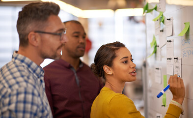 Woman, focus and coach or brainstorm on whiteboard and presentation for male employees in office....