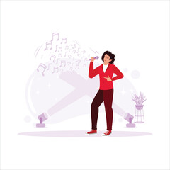 The male singer, appearing on stage, complete with spotlights, sings a song. Trend modern vector flat illustration.