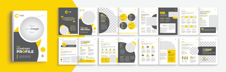 Company profile template layout design with yellow and black color shape, Multipage business brochure template with professional design.