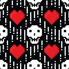 Pixelart style skulls and heart shapes pattern - 611559094