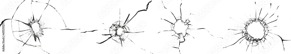 Aufkleber set of textures with cracks of broken glass. holes in the window for design on a white background