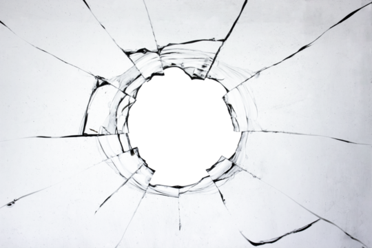 Old broken glass, cracks texture on white background
