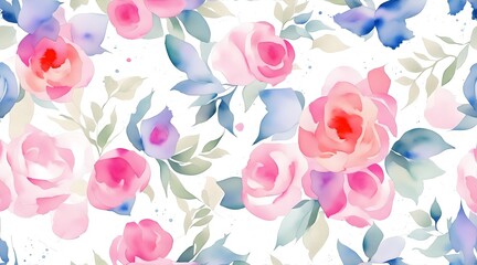 Watercolor pattern of flowers, roses, white background, illustration