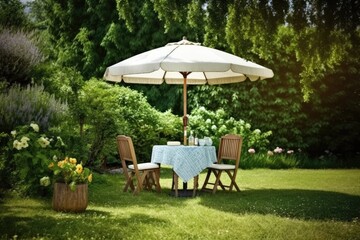 Cafe table with chair and parasol umbrella in the garden. Generative AI