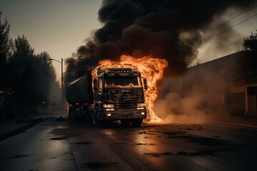 Fototapeta na wymiar A truck is ablaze on the road. Generative AI
