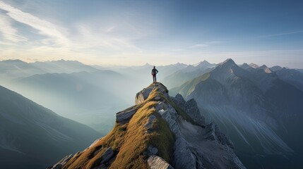 Hiker at the summit of a mountain overlooking a stunning view. Apex silhouette cliffs and valley landscape - obrazy, fototapety, plakaty