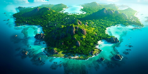 expansive aerial view of a tropical island paradise, with pristine white sandy beaches, turquoise waters teeming with marine life, and lush green rainforests extending to the horizon. Generative AI